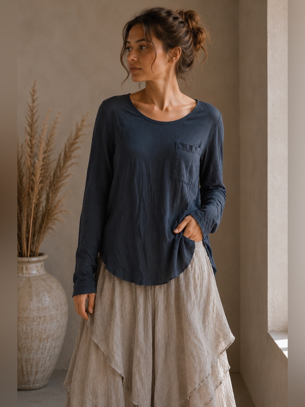 House of Dagmar 100% Lyocell Navy Lagenlook Pocket Top Quiet Luxury Designer M